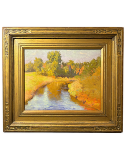 Charles H. Richert American Impressionist oil on board painting of a river through a golden meadow, in its original gilt frame