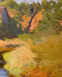 Close-up of Charles Richert oil painting showing textured impasto brushwork in the orange and green foliage beside a small house