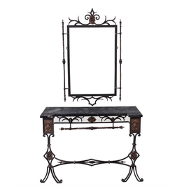 Continental Iron And Marble Console Table And Mirror C 1920 full view