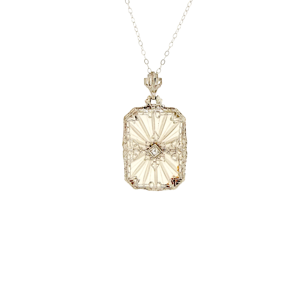 Art Deco White Gold Rock Crystal Filigree Pendant on Chain