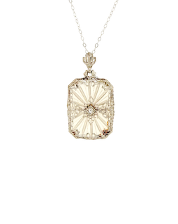 Art Deco White Gold Rock Crystal Filigree Pendant on Chain