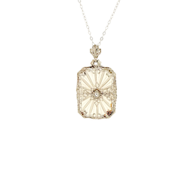 Art Deco White Gold Rock Crystal Filigree Pendant on Chain