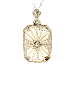 Art Deco White Gold Rock Crystal Filigree Pendant on Chain