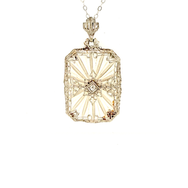 Art Deco White Gold Rock Crystal Filigree Pendant on Chain