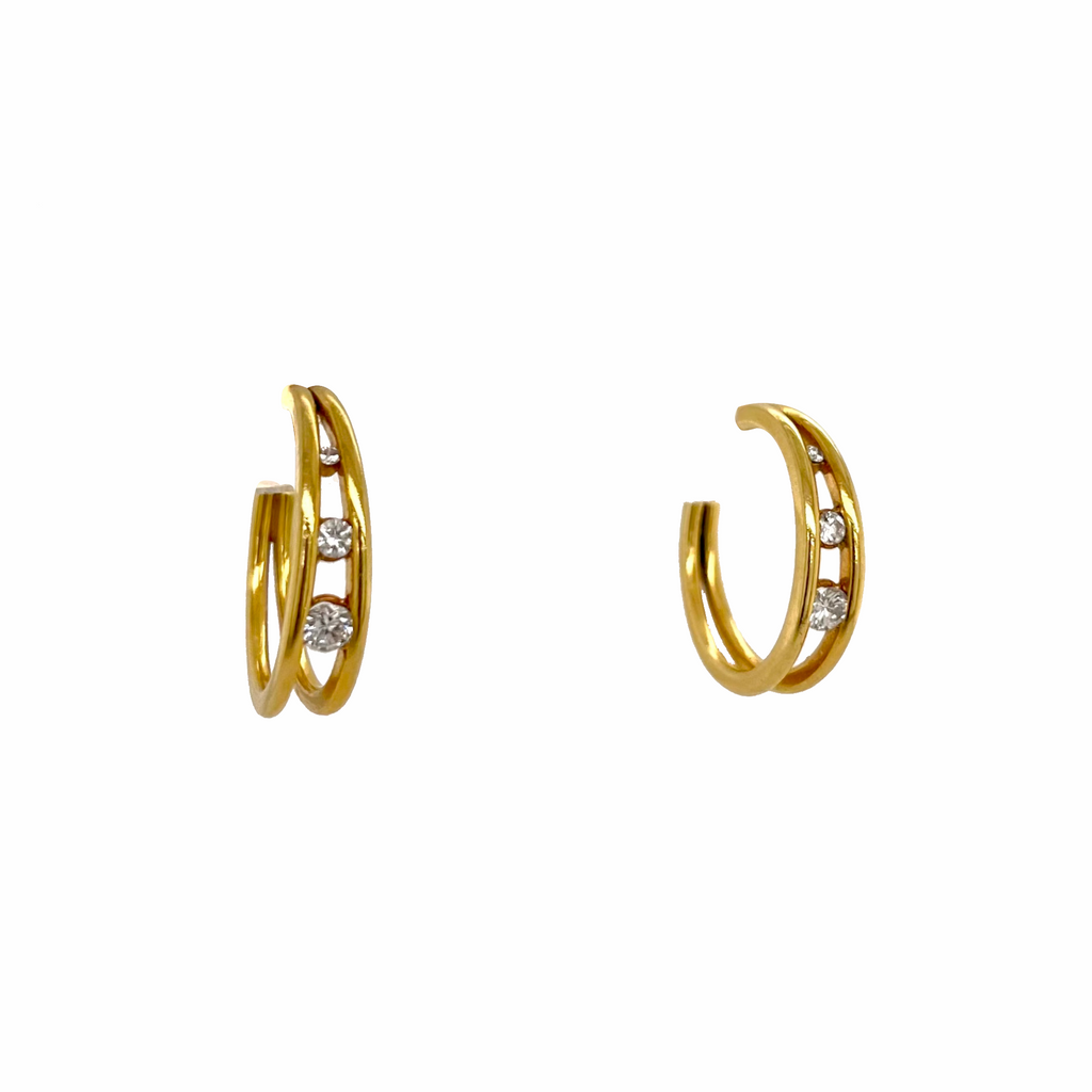 14K Gold and Diamond Half Hoop Earrings for Pierced Ears