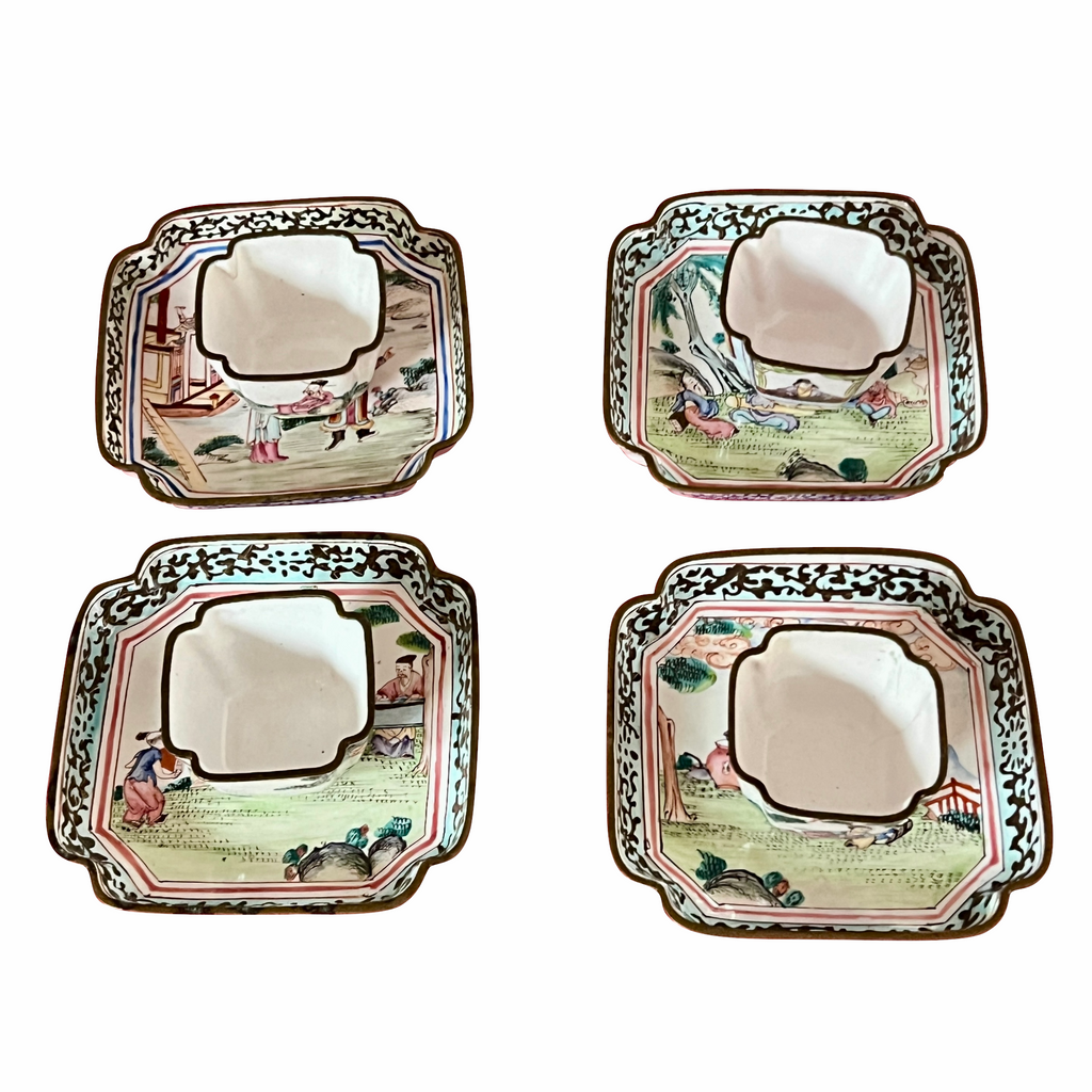 Antique Chinese Canton Enamel Cups With   Saucers