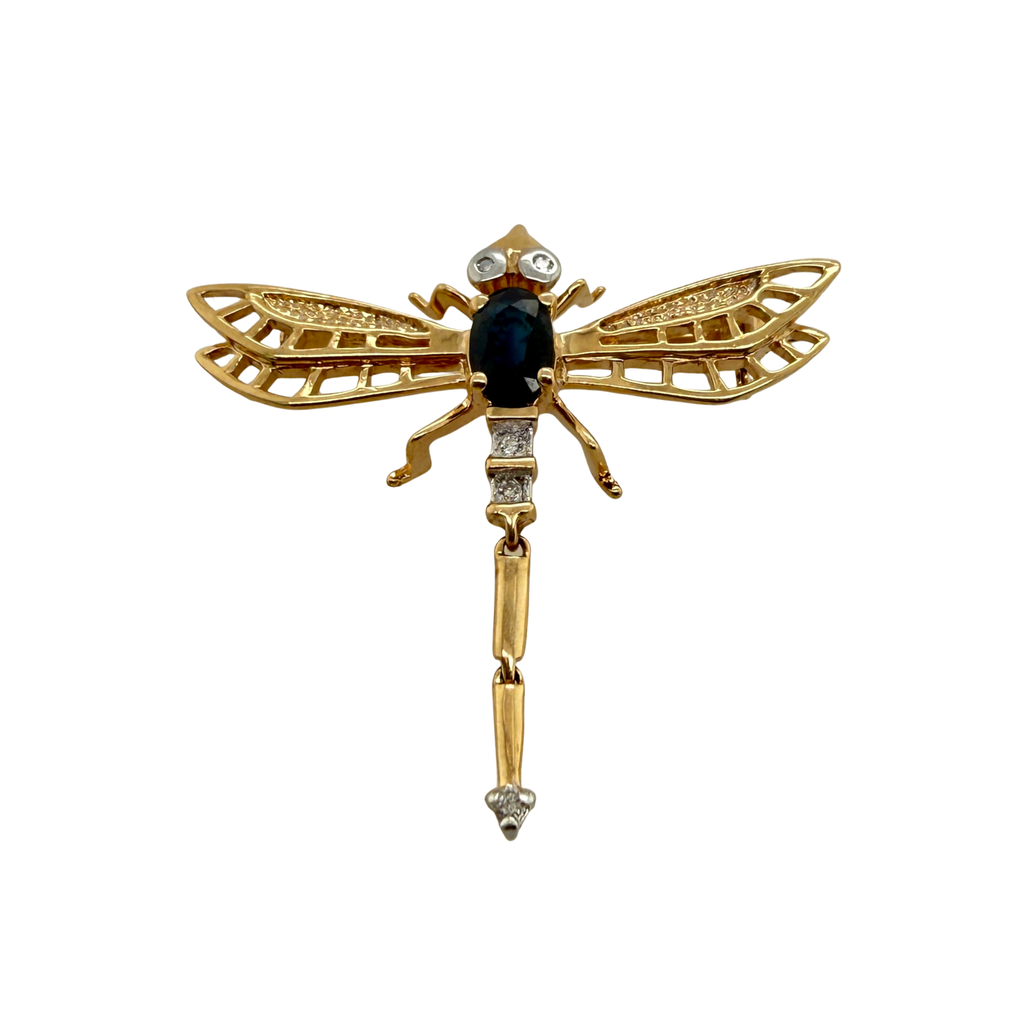 Vintage Articulated 14K Gold Dragonfly Brooch With Sapphire & Diamonds