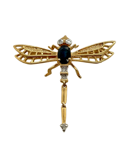 Vintage Articulated 14K Gold Dragonfly Brooch With Sapphire & Diamonds