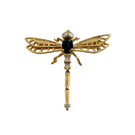 Vintage Articulated 14K Gold Dragonfly Brooch With Sapphire & Diamonds