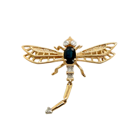 Vintage Articulated 14K Gold Dragonfly Brooch With Sapphire & Diamonds