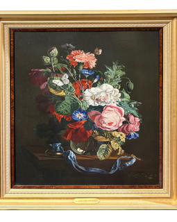 Framed painting of a still life with flowers on a dark background