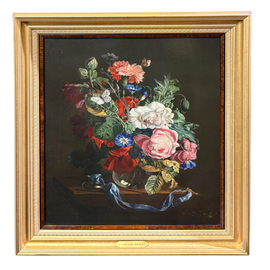Framed painting of a still life with flowers on a dark background