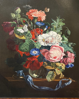 Floral still life painting with a dark background