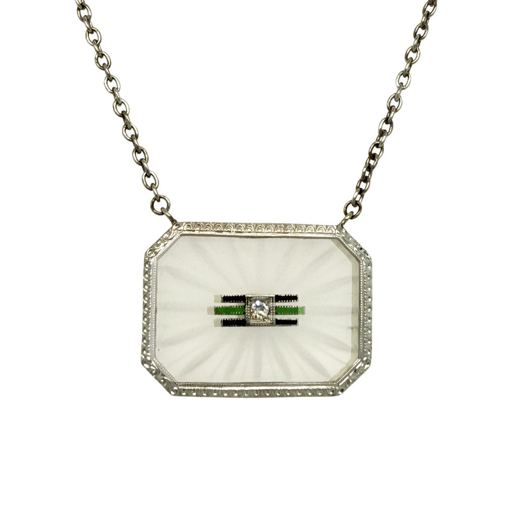 Art Deco Period White Gold Rock Crystal Pendant Necklace With Enamel
