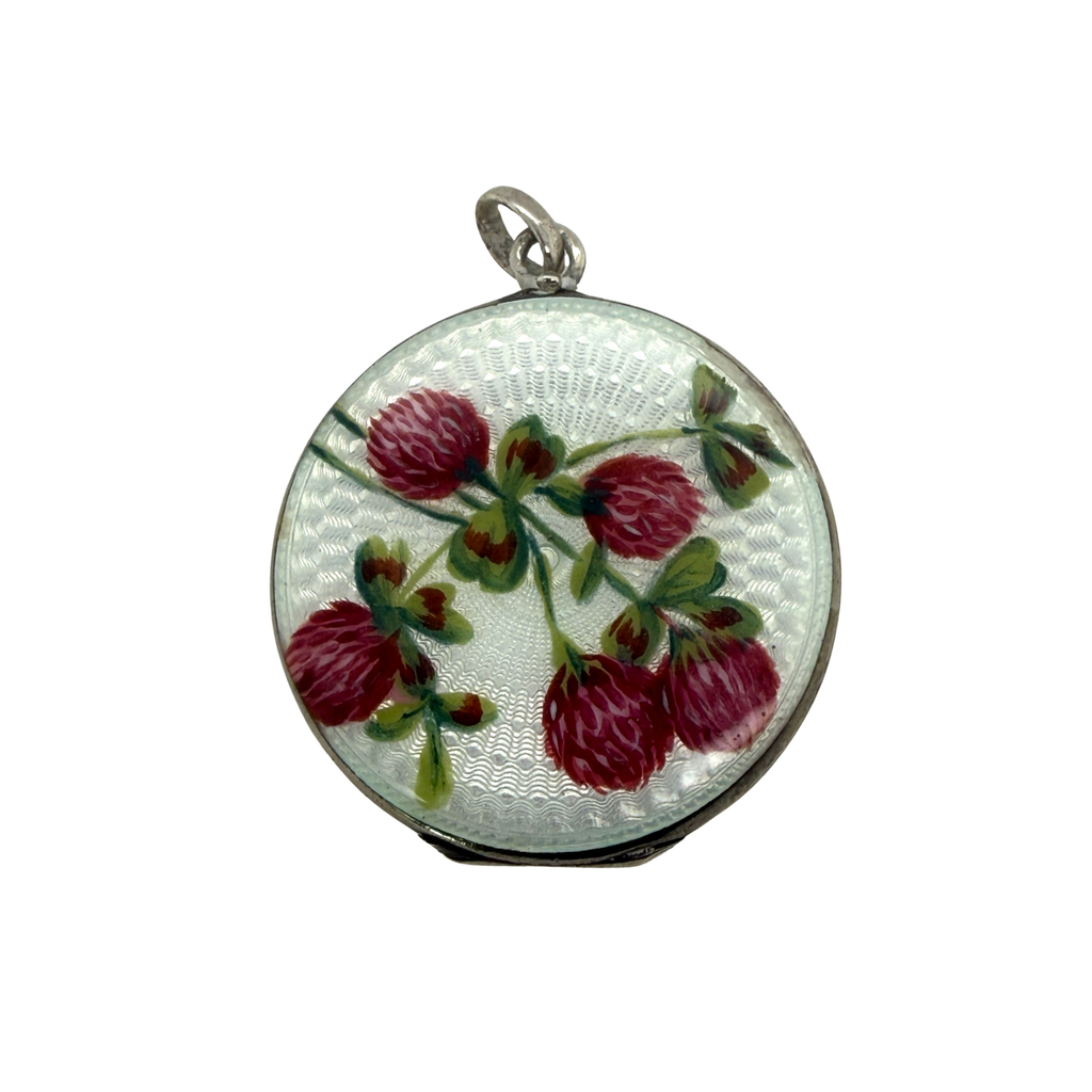 Edwardian Silver Guilloche Enamel Floral Locket Pendant full view