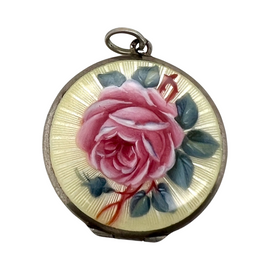 Edwardian Silver Guilloche Enamel Rose Locket Pendant front