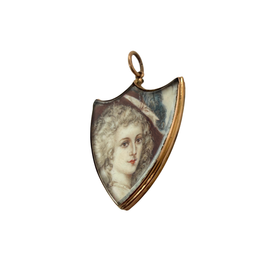 Side view of Eighteenth Century Miniature Portrait Pendant of a Lady 14K Gold Shield Frame