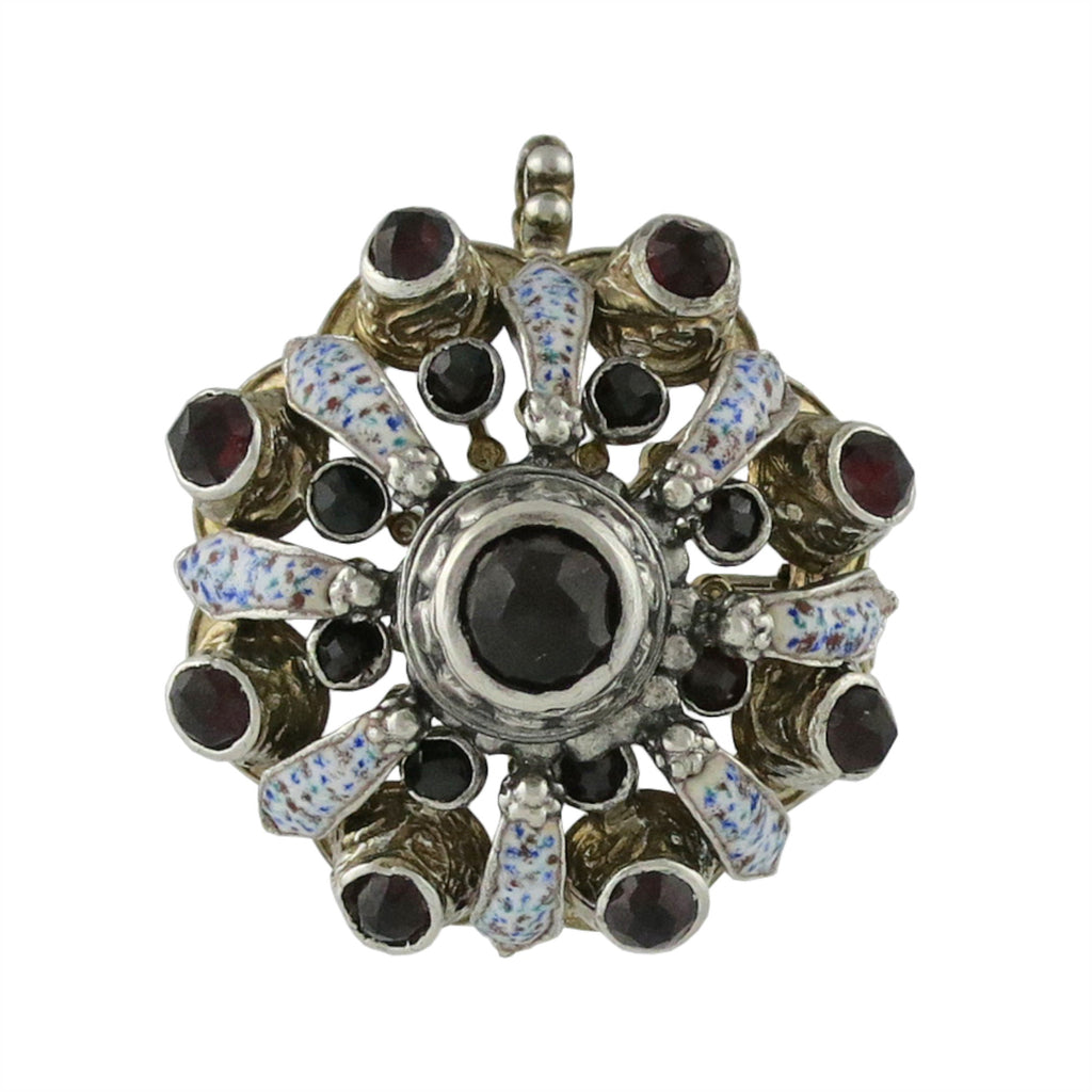 Victorian Austro Hungarian Silver Enamel Garnet Pin / Pendant