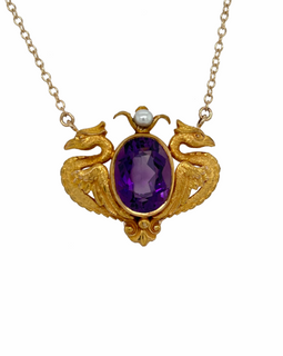 Fabulous 14K Carter Gough Repurposed Griffin Amethyst Pearl Pendant on Chain front of pendant