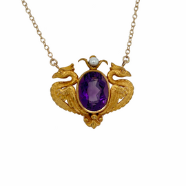Fabulous 14K Carter Gough Repurposed Griffin Amethyst Pearl Pendant on Chain front of pendant