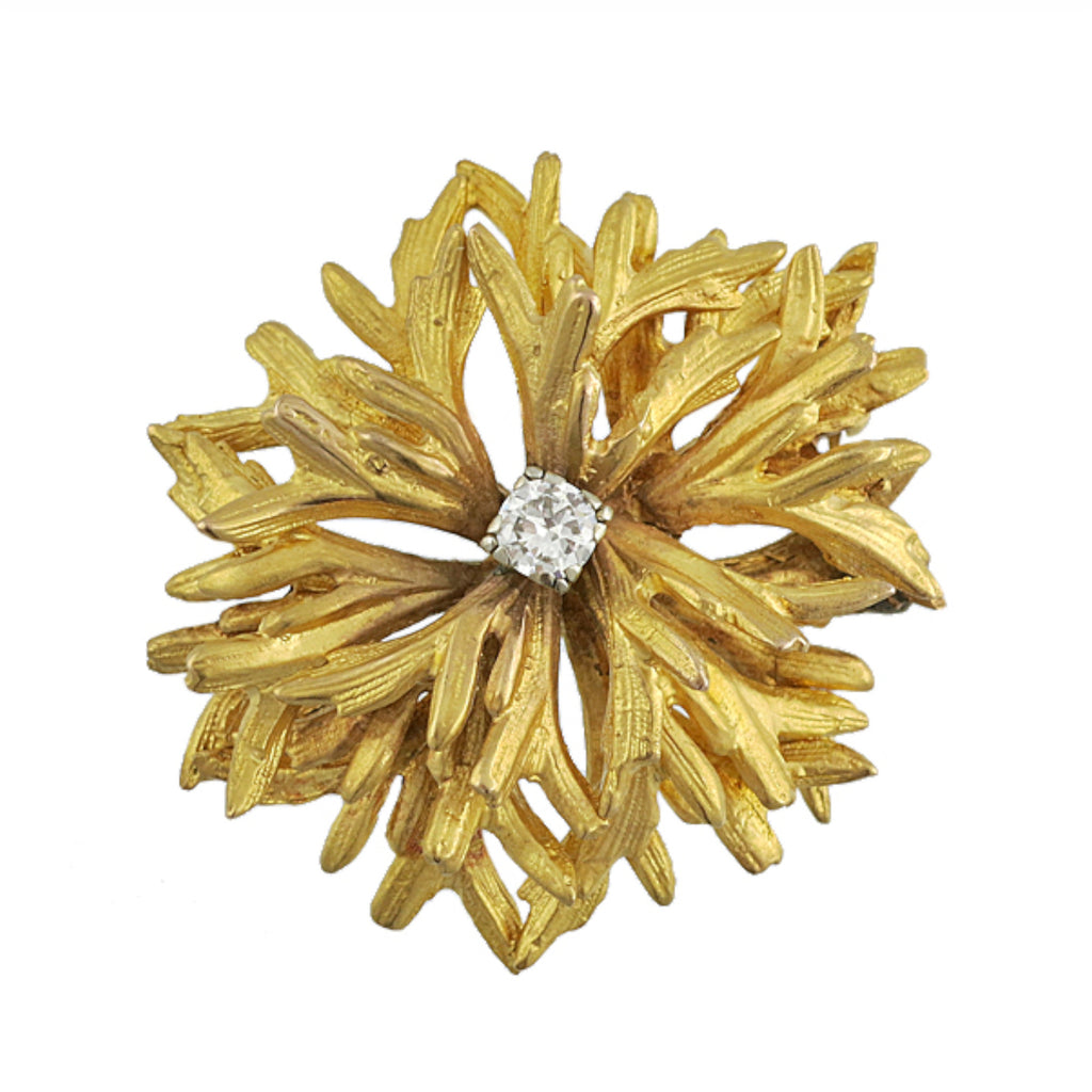 Vintage 18K Gold and Diamond Designer Flower Form Brooch