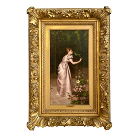 Francesco Beda Italian Lady with Parrot Oil Canvas 19th C in Frame
