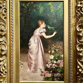 Francesco Beda Italian Lady with Parrot Oil Canvas 19th C in frame closeup