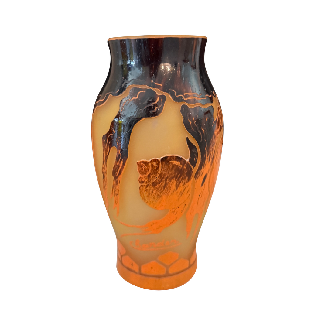 Vibrant orange and purple French Charder vase, signed and circa 1920. Excellent vintage condition.