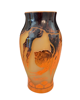 Vibrant orange and purple French Charder vase, signed and circa 1920. Excellent vintage condition.