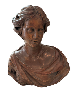 Front view of a 17th century Continental carved wood portrait bust of a woman with swept wavy hair and draped robe
