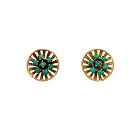 Front view of a pair of vintage 14K yellow gold earrings with prong-set turquoise cabochon clusters
