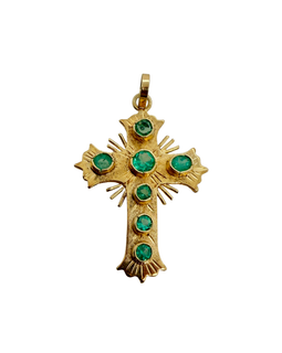 Vintage 14K Gold Natural Emerald Latin Cross Pendant