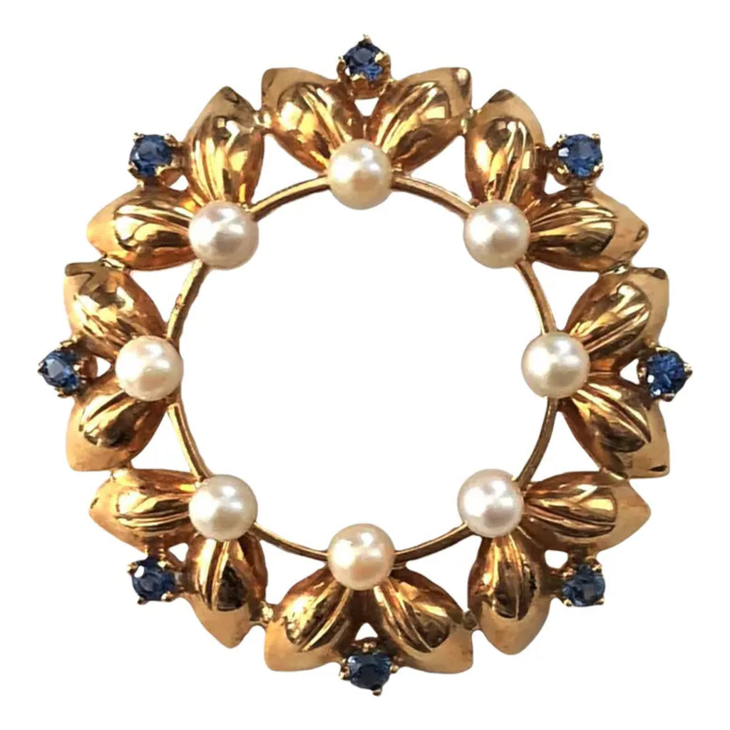 14K Gold Krementz Circle Pin with Pearls & Sapphires