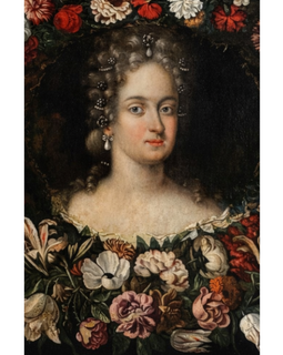 Closeup view of woman in Henri Gascar 's Portrait With Floral Still Life 17th Century