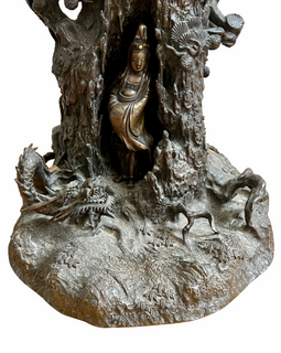 Japanese 19th Bronze Tree Sculpture With Figure closeup of bottom