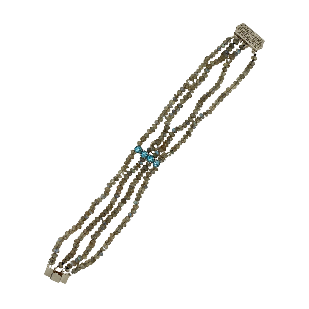 full length view of Labradorite Bead Bracelet With Blue Topaz and 14K with Gold Clasp