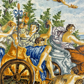Large 25-inch antique Italian majolica charger with vibrant polychrome Bacchus mythological scene