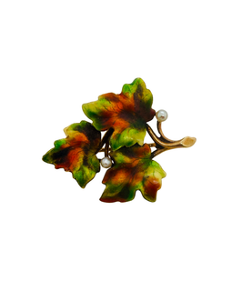 14K Gold Antique Art Nouveau Enamel & Seed Pearl Leaf Brooch