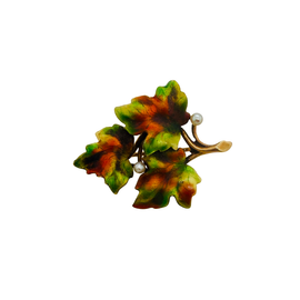 14K Gold Antique Art Nouveau Enamel & Seed Pearl Leaf Brooch