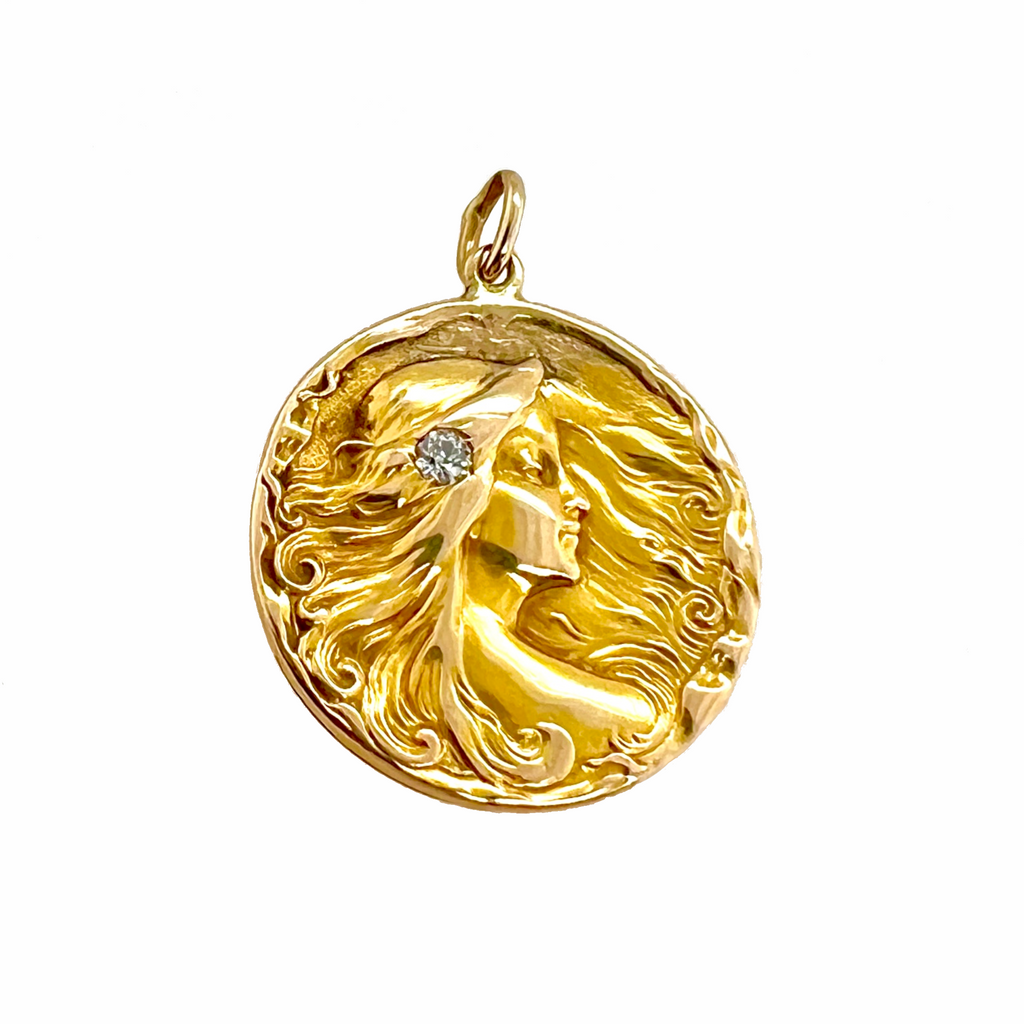 14K Gold Art Nouveau Portrait Locket With Diamond in her Flowing Hair