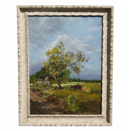 full view in frame of Marian Harris American Landscape Painting Oil On Canvas 1965