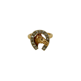 Mid-century 14K gold equestrian ring with diamond-set horseshoe surrounding gold horse head