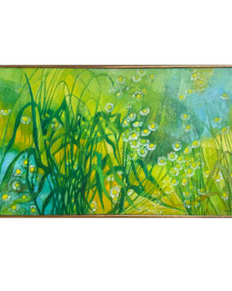 Mid century oil painting of daisies in a field by Enid Munroe