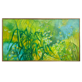 Mid century oil painting of daisies in a field by Enid Munroe