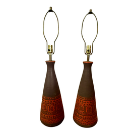 Mid century pottery conical lamps brown orange glaze