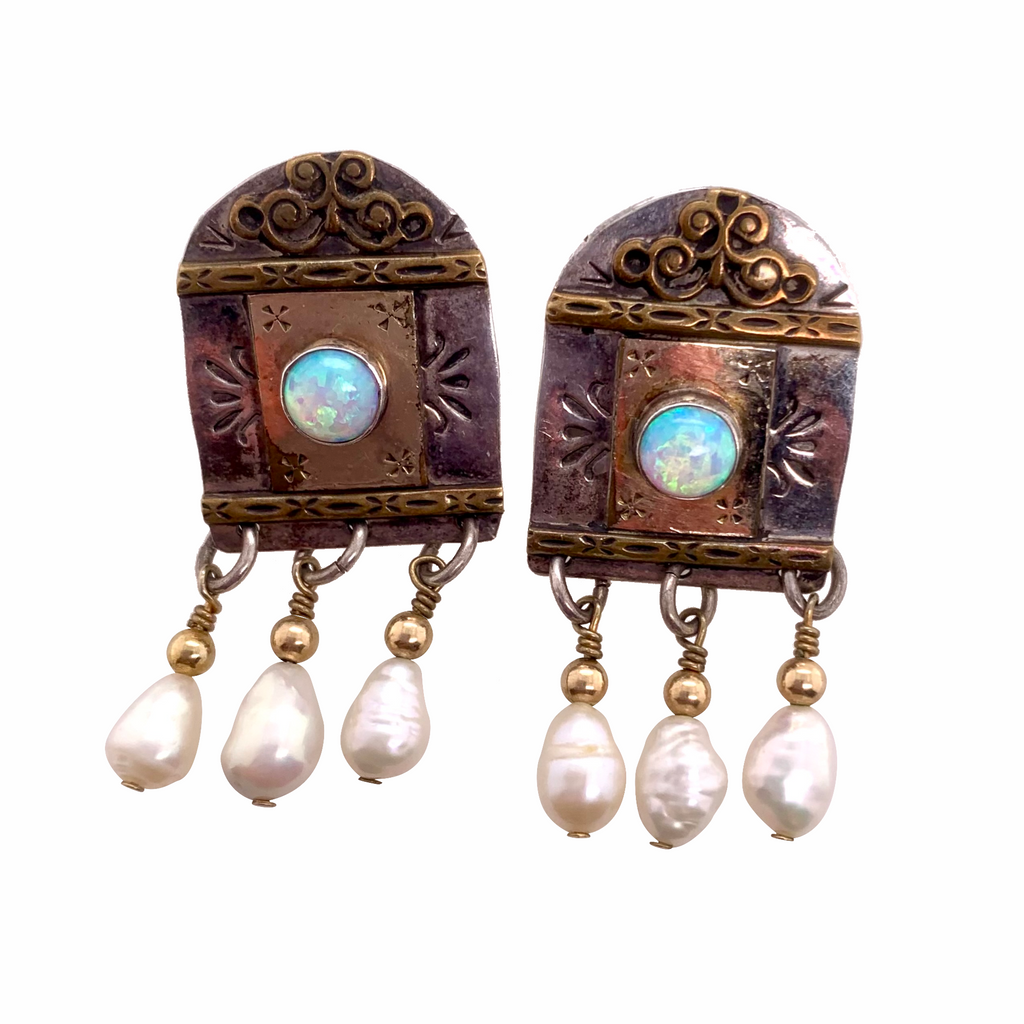 Sterling Silver Designer Pierced Earrings with Opals and Pearl Drops