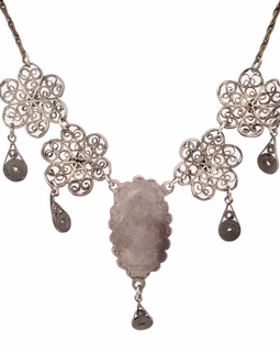 Art Deco Silver Filigree Festoon Necklace with Onyx Center Drop