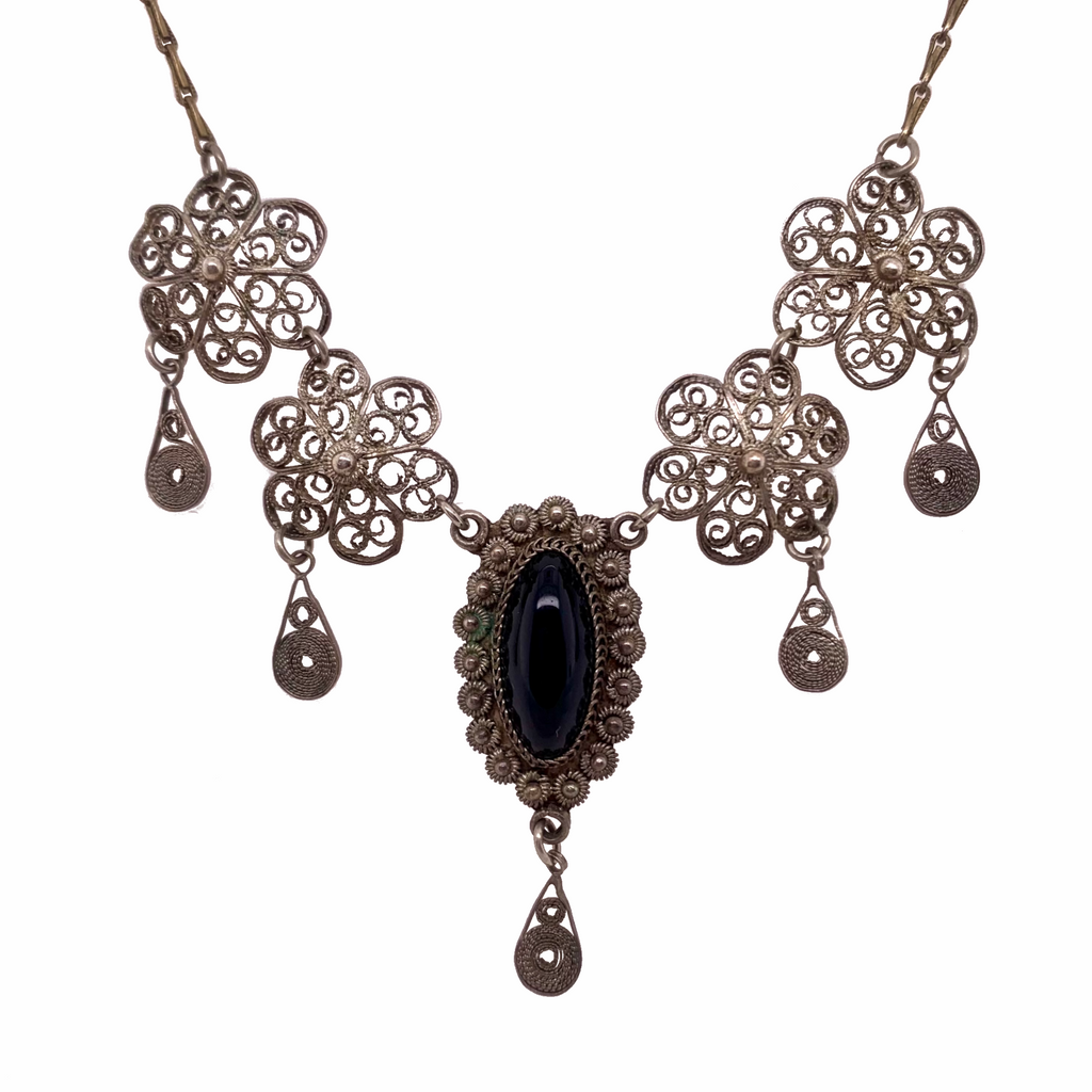 Art Deco Silver Filigree Festoon Necklace with Onyx Center Drop