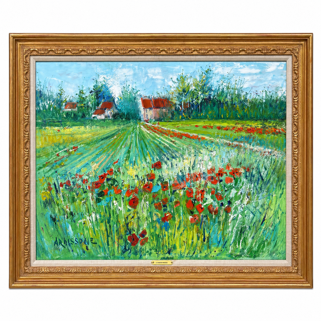 Mid‑century Ardissonne oil painting of poppy field landscape