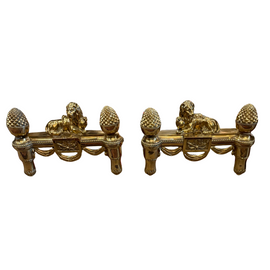 Pair Of French Brass Chenets With Lions